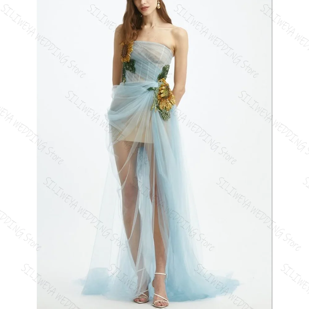 

Blue Chiffon Strapless Chic Prom Dresses Elegant See Through A-Line Female Party Evening Gown