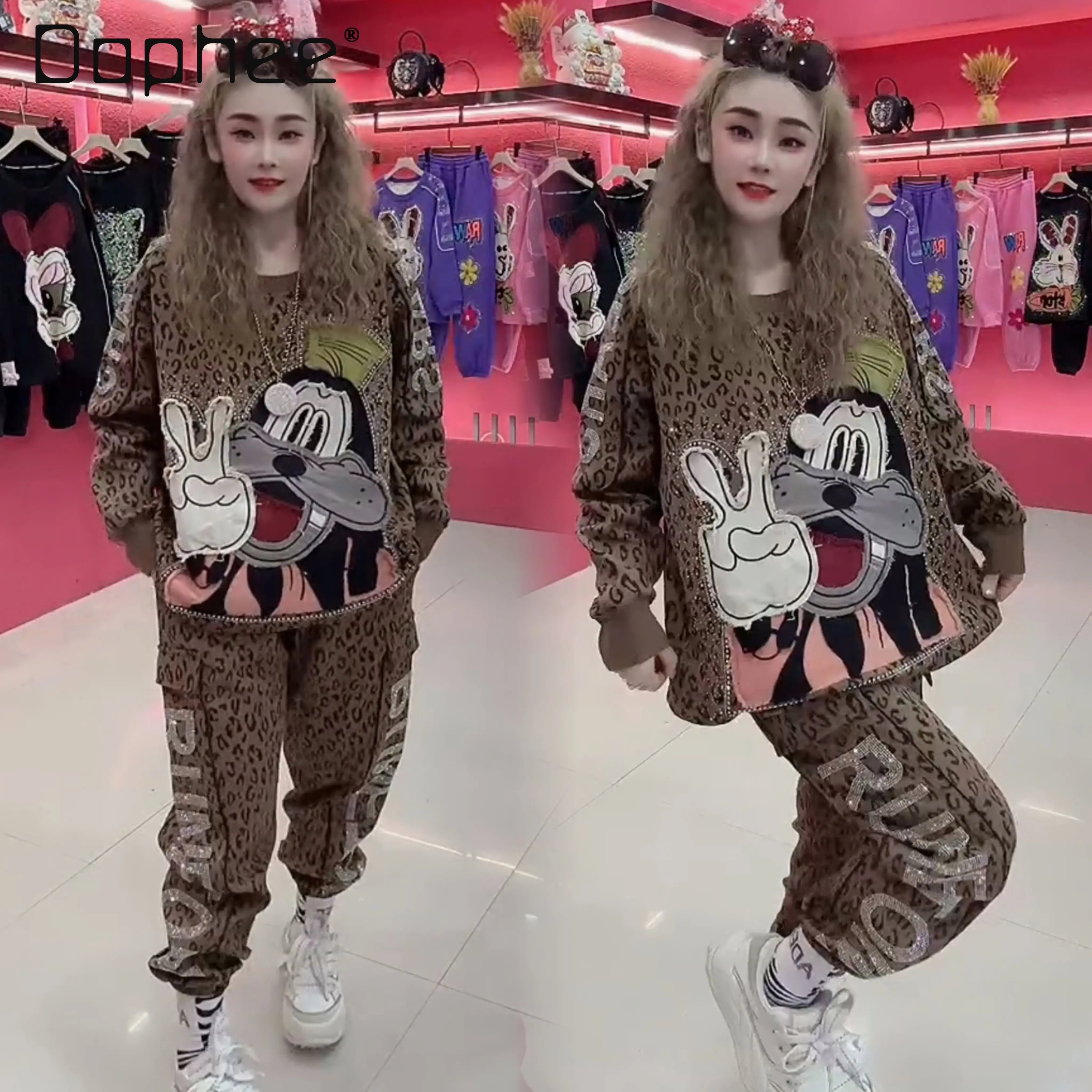 

Hot Diamond Crew Neck Cartoon Pattern Leopard Print Sports Top Loose Casual Pants Spring Autumn Two Piece Sets Womens Outifits