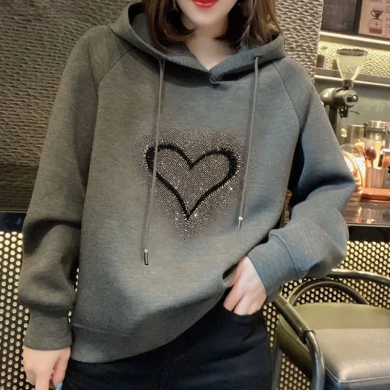 Autumn and Winter Women's Hoodie Sweater fleece-lined Thickened Korean-style Loose Casual All-match Top