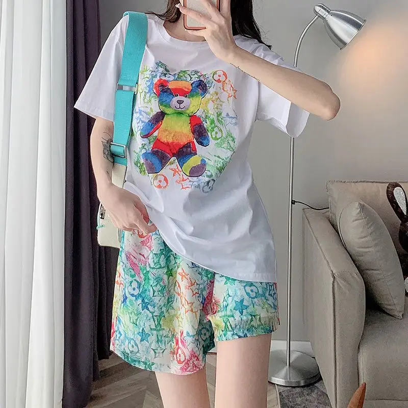 Casual Sports Comfortable Two Piece Set Summer Loose Short Sleeve Tops Ladies Streetwear Elastic Waist Wide Leg Pants Shorts