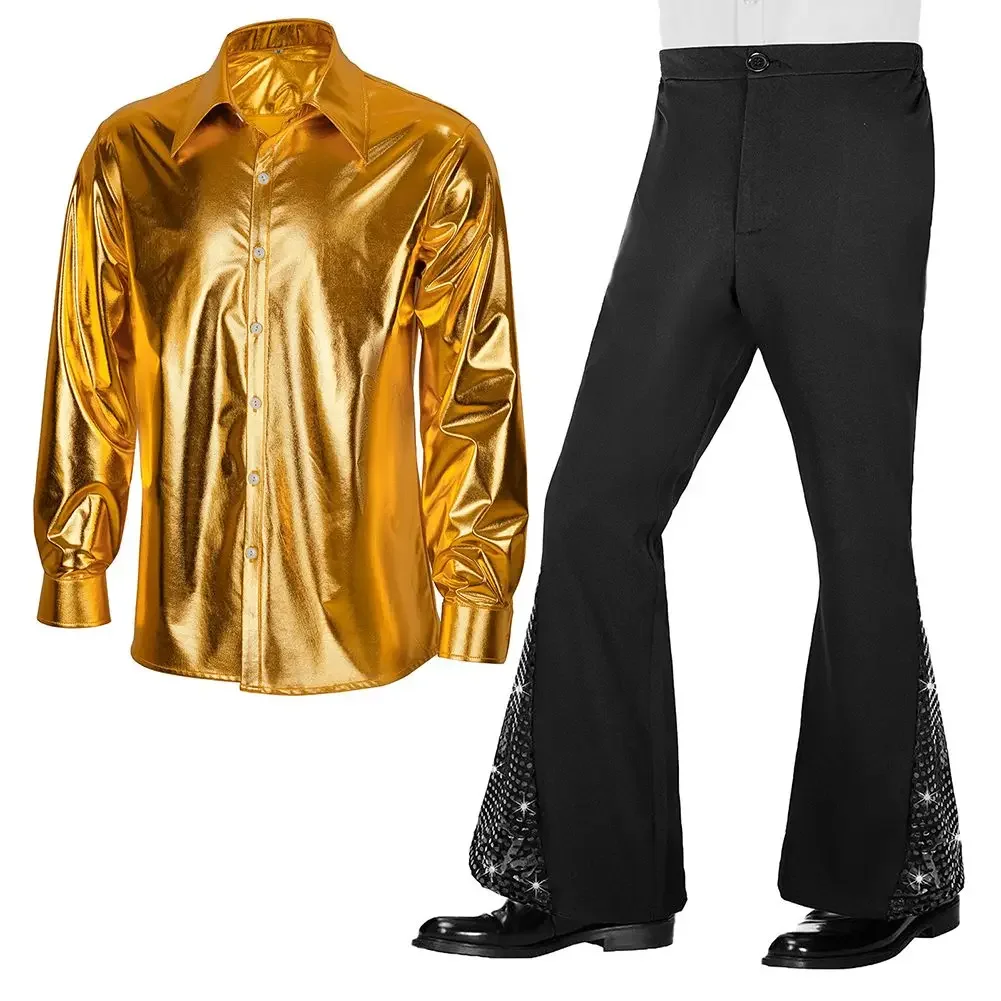 Mens Glossy Shirt And Sequin Bell Bottom Pants 2PCS Suit Retro Hippie Disco Set Long Sleeve Set S-3xL