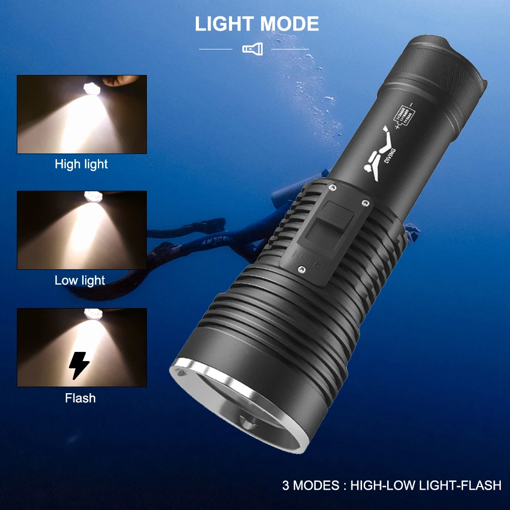 Asafee Scuba Diving Flashlight LED Snorkel Torch Underwater Phreatic Lamp Waterproof Lantern Strong Light Exploration Amphibious