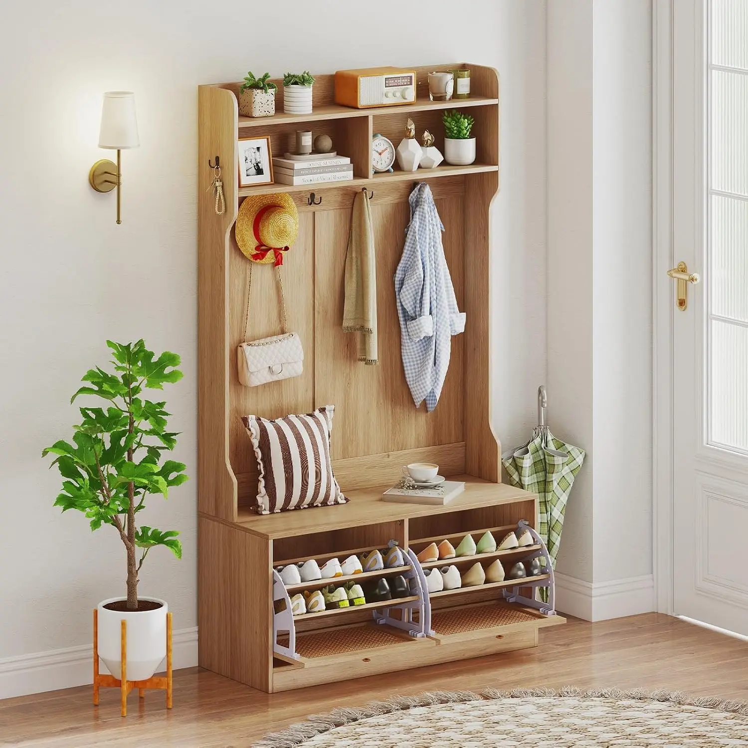 4-In-1 Hall Tree with Bench and Shoe Storage, Entryway Bench with Coat Rack & Flip Shoe Racks, Dual-Hook Hangers &, Customized