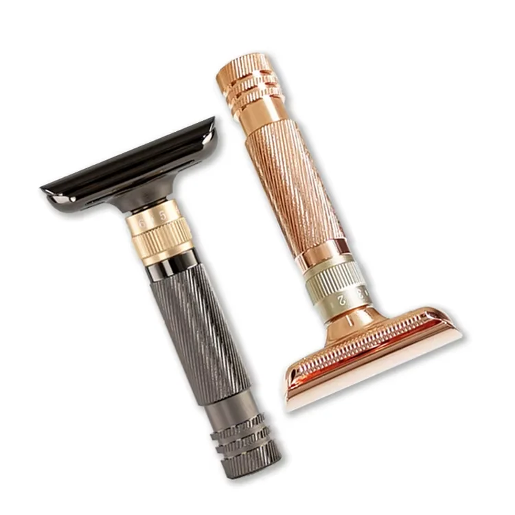 Vintage Adjustable Safety Razor for Men, Premium Metal Double Edge Shaving Razor with Textured Grip, Gunmetal & Rose Razor