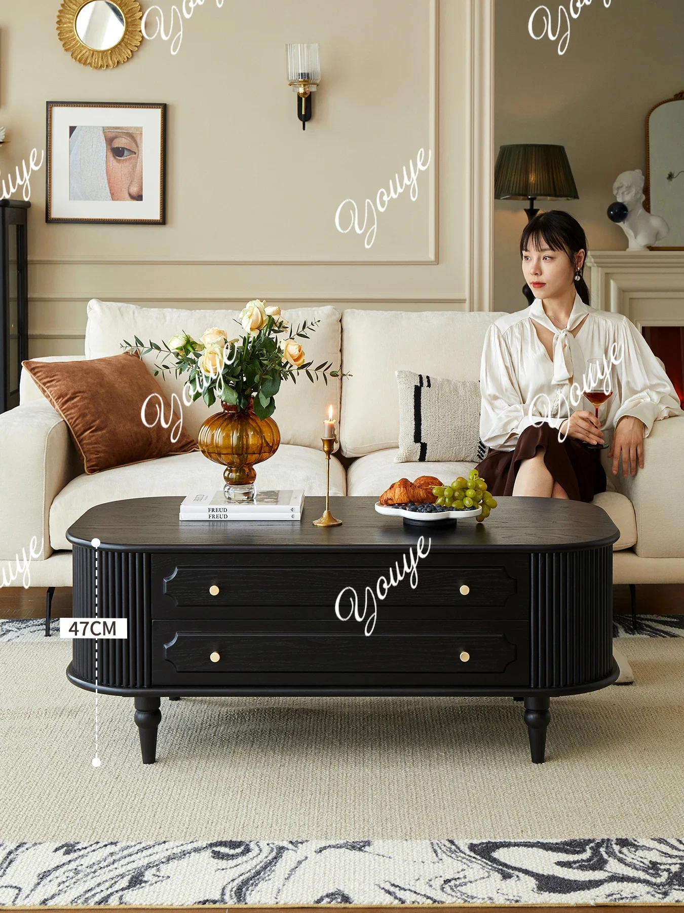 

J French Retro Solid Wood Coffee Table TV Cabinet Combination American Living Room Home High-end Oval Second-hand Tea Table