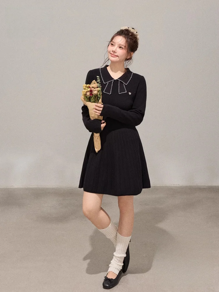 

Зимнее вязаное платье больших размеров Zhang Dadu в корейском стиле с высокой талией, стройнящее, черное, для полных женщин, элегантное, модное.