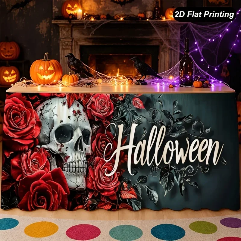 1pc Halloween table skirt, dark base with white skulls and red roses decorating the Halloween patternxzj