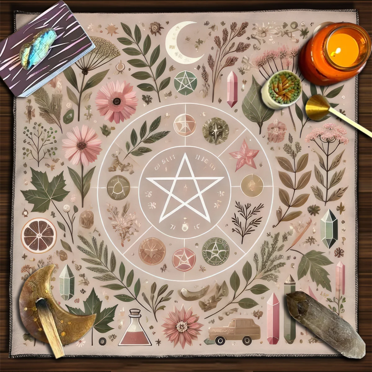 Mysterious Pentagram Tarot Table Cloth with Flower & Plant Crystal Altar Cloth Moon Star Witchcraft Divination Cloth Tarot Mat