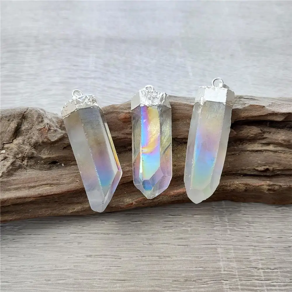 FUWO Wholesale Angel Aura Clear Quartz Point Pendant,Silver-Plated Raw Crystal Accessorie For Necklace Making 5Pcs PD366