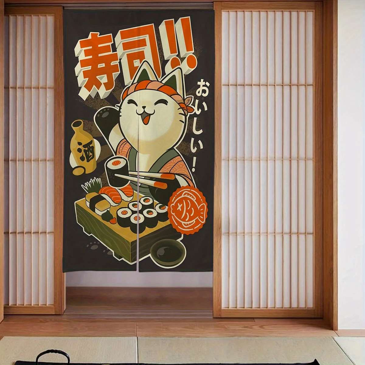 VIKAMA Cartoon Maneki-neko Sushi Half-Door Curtain, Decorative Hanging Curtain for Sushi and Japanese Restaurants