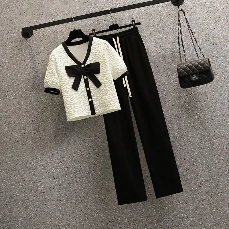 

Women's Summer New Casual Pants Matching Set 2024 Korean Elegant Short Sleeve Top+Pants Two Piece Female Chic Tracksuit Clothing