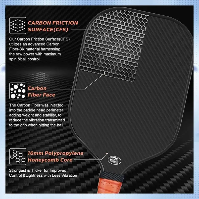 

ABHQ-16MM Pickleball Paddle 3K Углеродное волокно Поверхность PP Сотовый сердечник Улучшенная мощность Противоскользящее весло для рукоятки