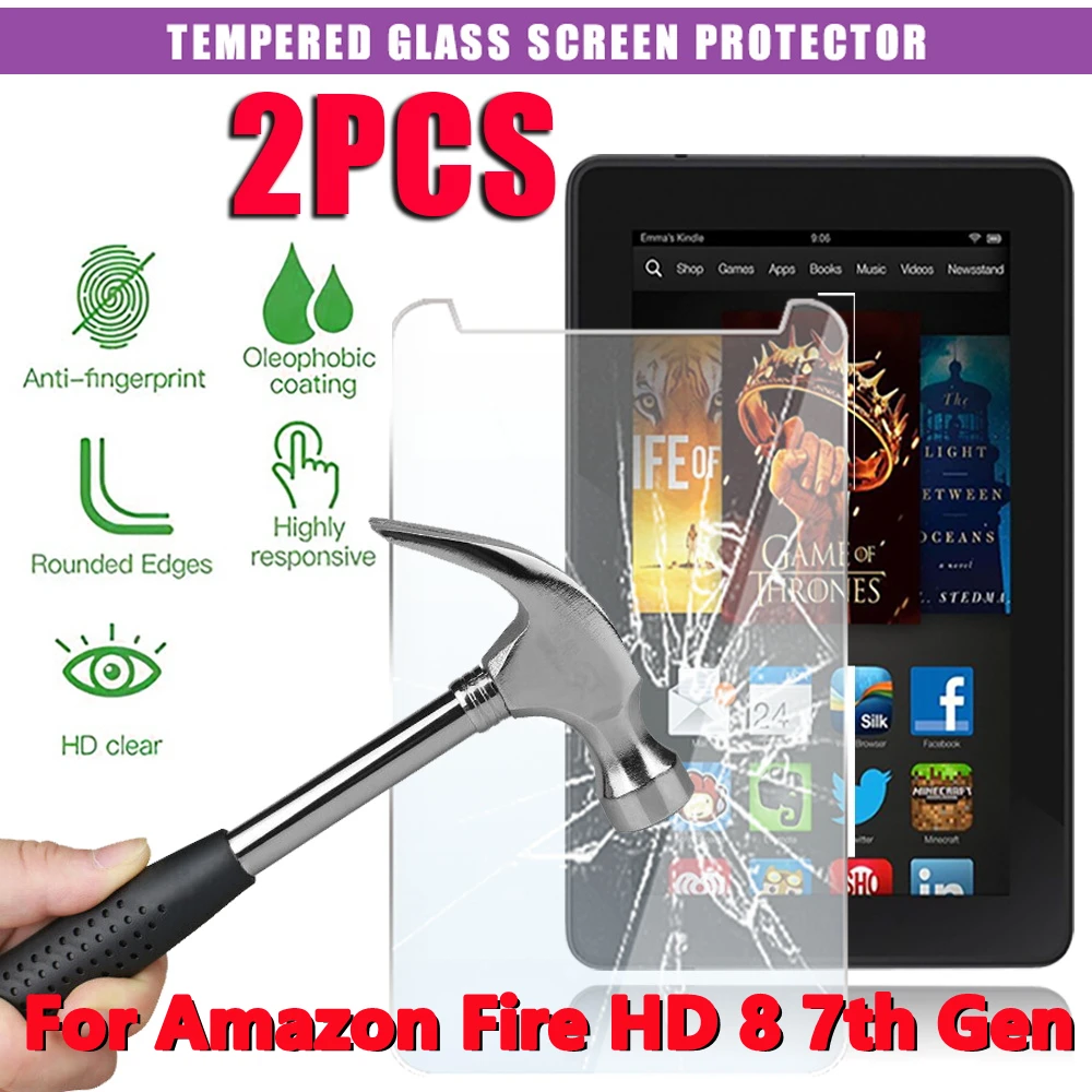 2Pcs Tempered Glass for Amazon Fire Fire HD 8 7th 2017  Screen Protective 9H 0.3mm Full Cover Tablet Bubble Free Protective Film