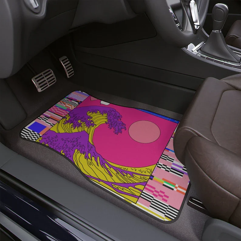 

Vaporwave car floor mat, the great wave off kanagawa, cute car accessories for teens, japanese wave, women, futuristic, pink, pu