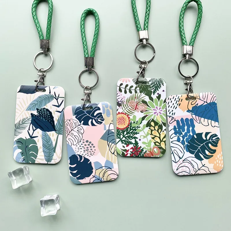 

Business ID Name Badge Card Holder Case Bags Green Plant Credit Card Cover with Lanyard String Student Bus Card Sleeve