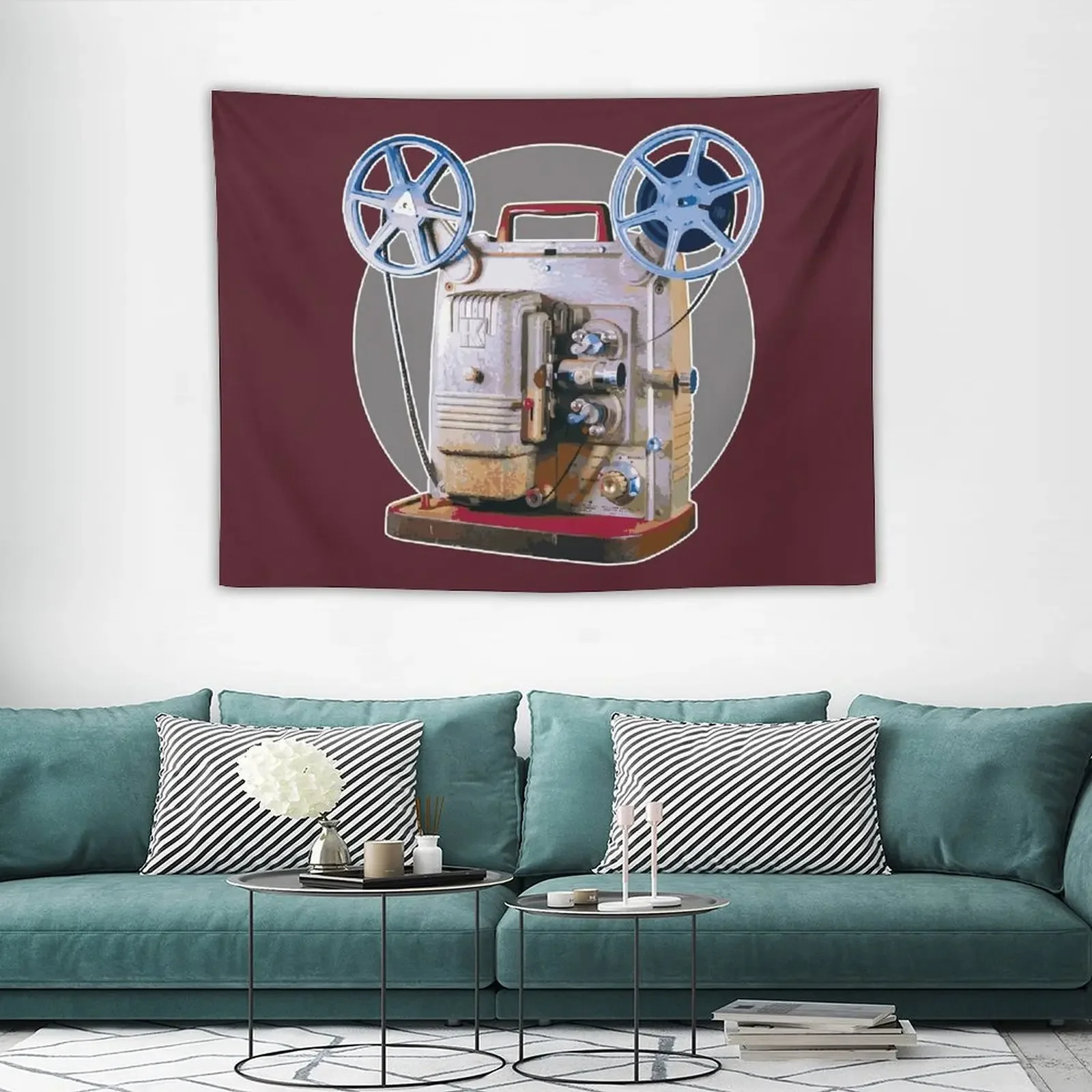 Vintage 8MM Home Movie Cameras: Retro Keystone 8MM Home Movie Projector on Gray Circle Tapestry Decoration For Bedroom Tapestry