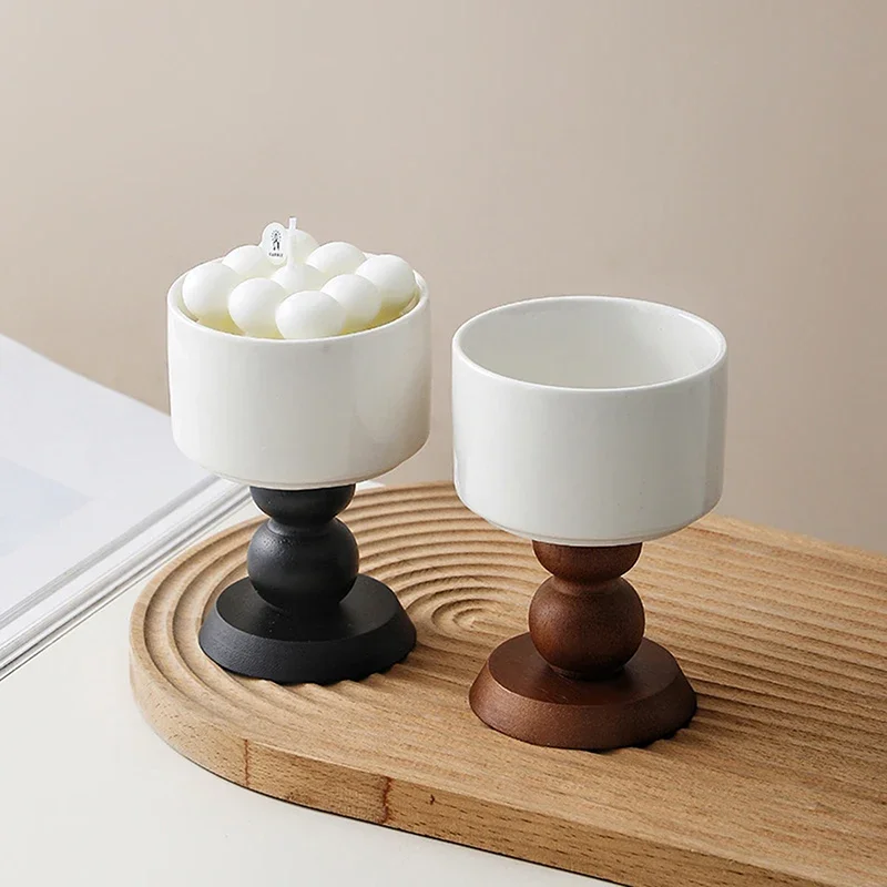 الفرنسية خمر الحلوى الآيس كريم السيراميك كأس عالية أرجل الرجعية مقبض خشبي الشاي الفاكهة الصحن كوب بودنغ حامل شمعة #2