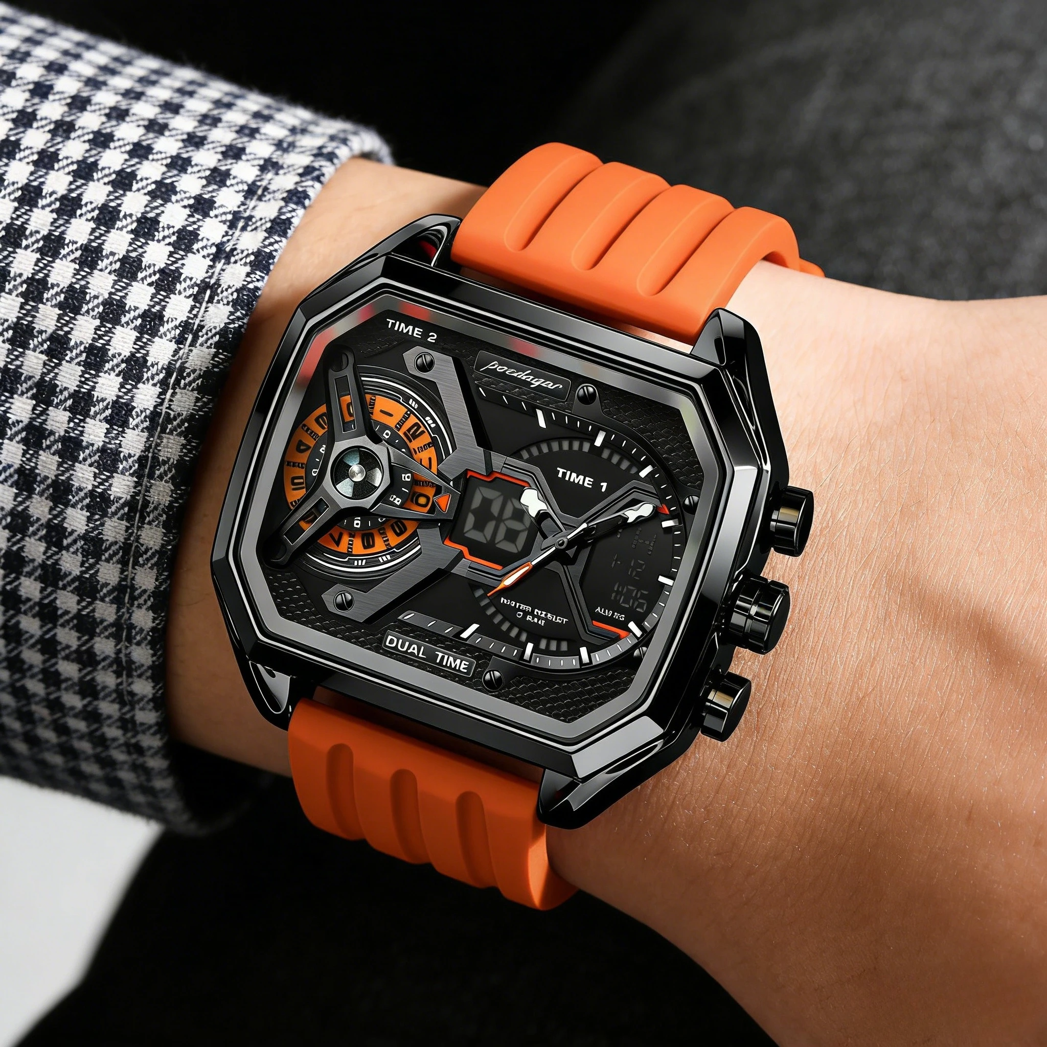 Digital Mens Watch LED Light Calendar Week Display Rectangular Sports Watch