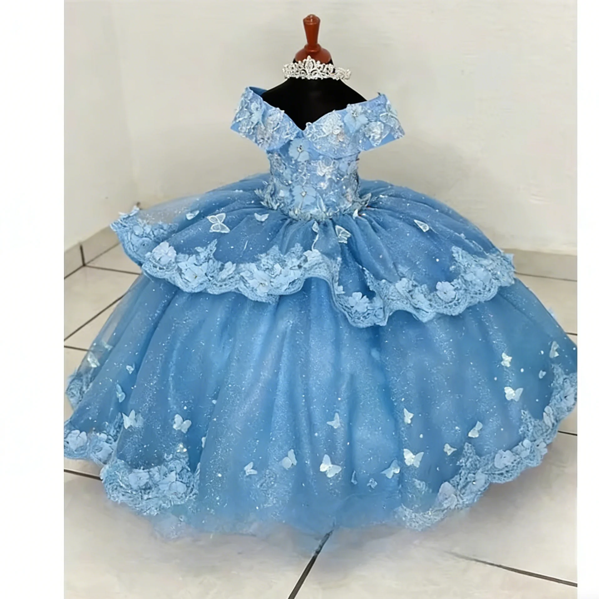

Customized Blue Flower Girl Dress for Wedding Appliques High Waist Floor Length Elegant Kids Birthday First Communion Gown