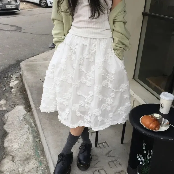 

Summer New Gentle Style Pure Color Embroidered Elastic Waist Puffy Half Skirt Midi Skirt Women's Fashion Ladies' Premium