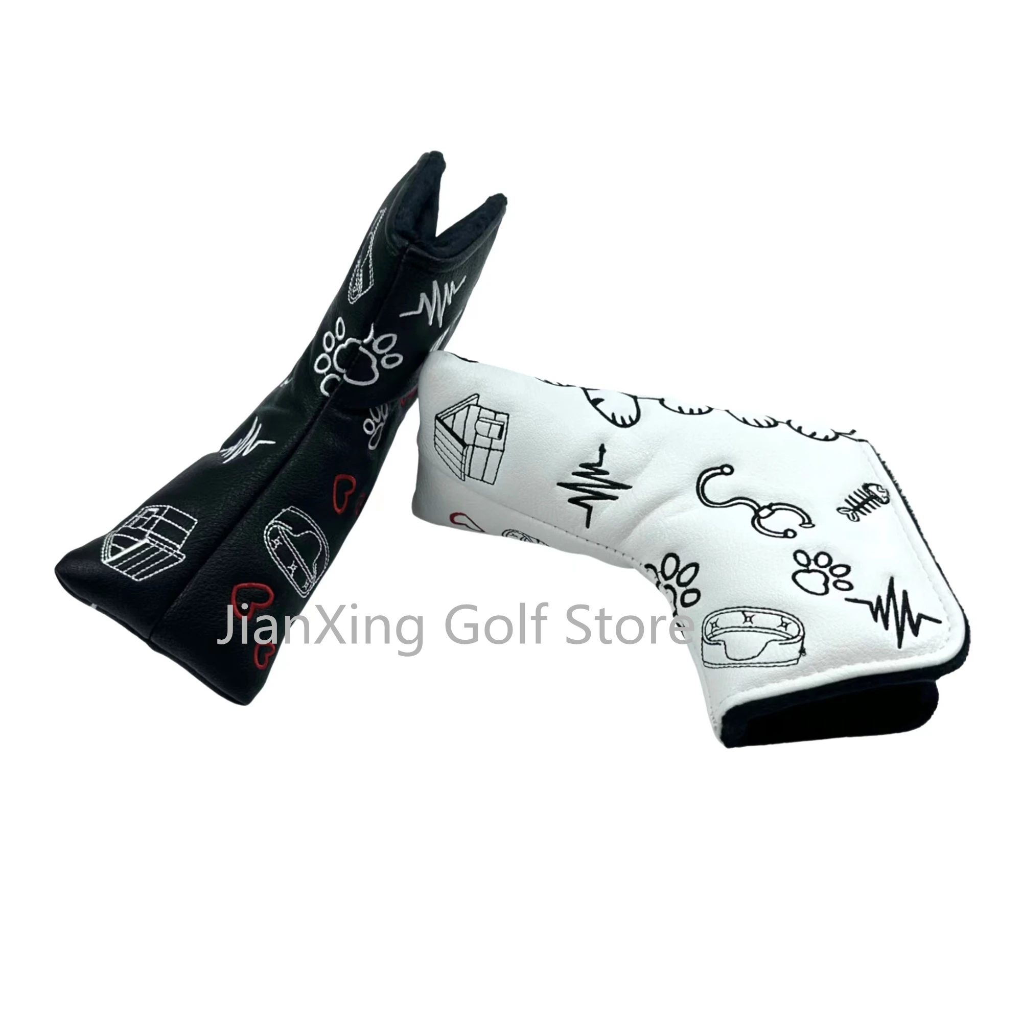 Heart shaped kitten pattern L-shaped Golf Club Blade Putter Covers Magnet Closed Styles PU Leather