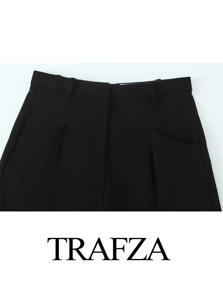 

TRAFZA Women Fashion Suit Solid V-Neck Sleeveless Single-breasted Slim Vest+High Waist Pocket Zipper Loose Pleated Long Pants