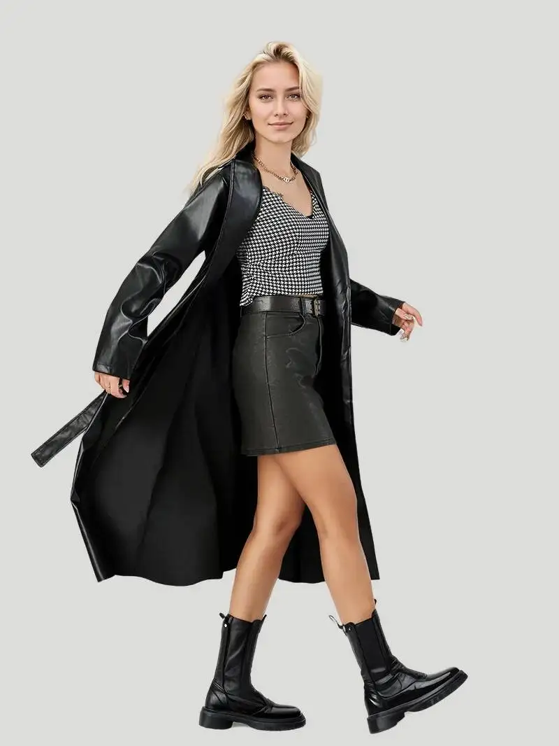 2026 Extended Bathrobe Windbreaker Spring And Autumn Fashion Jacket Leather Coat Women's New Style