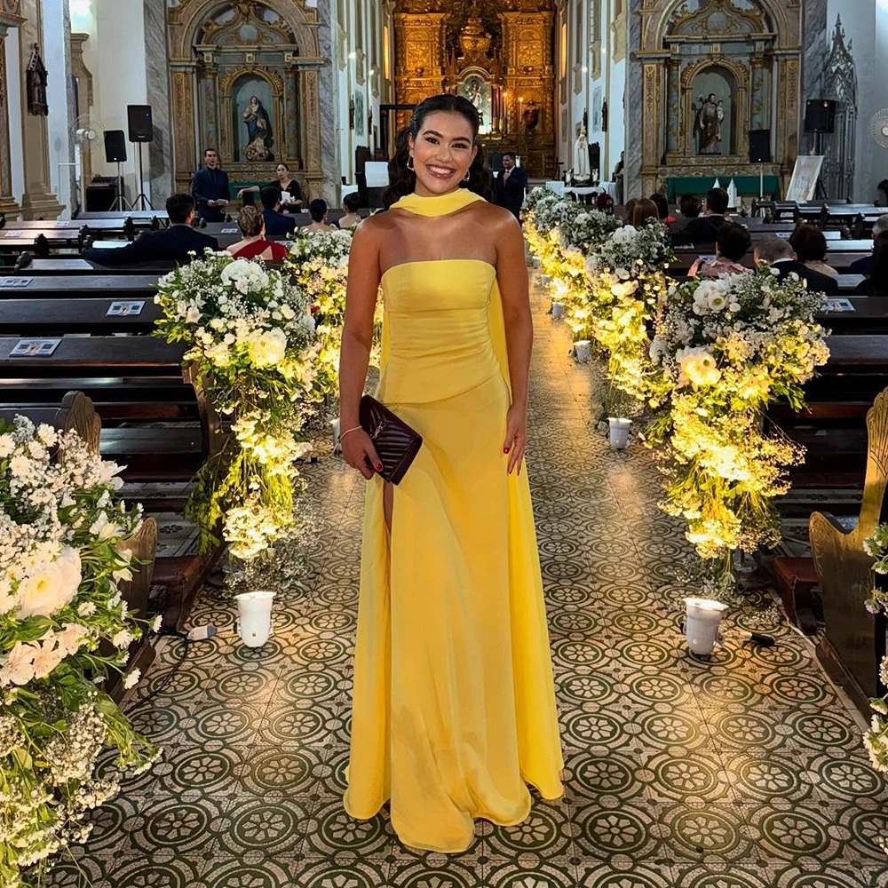 

Msikoods Pink Evening Dresses Customized Strapless Pleated High Slit Gala Dress Birthday Party Dress Scarf Neck Prom Dress