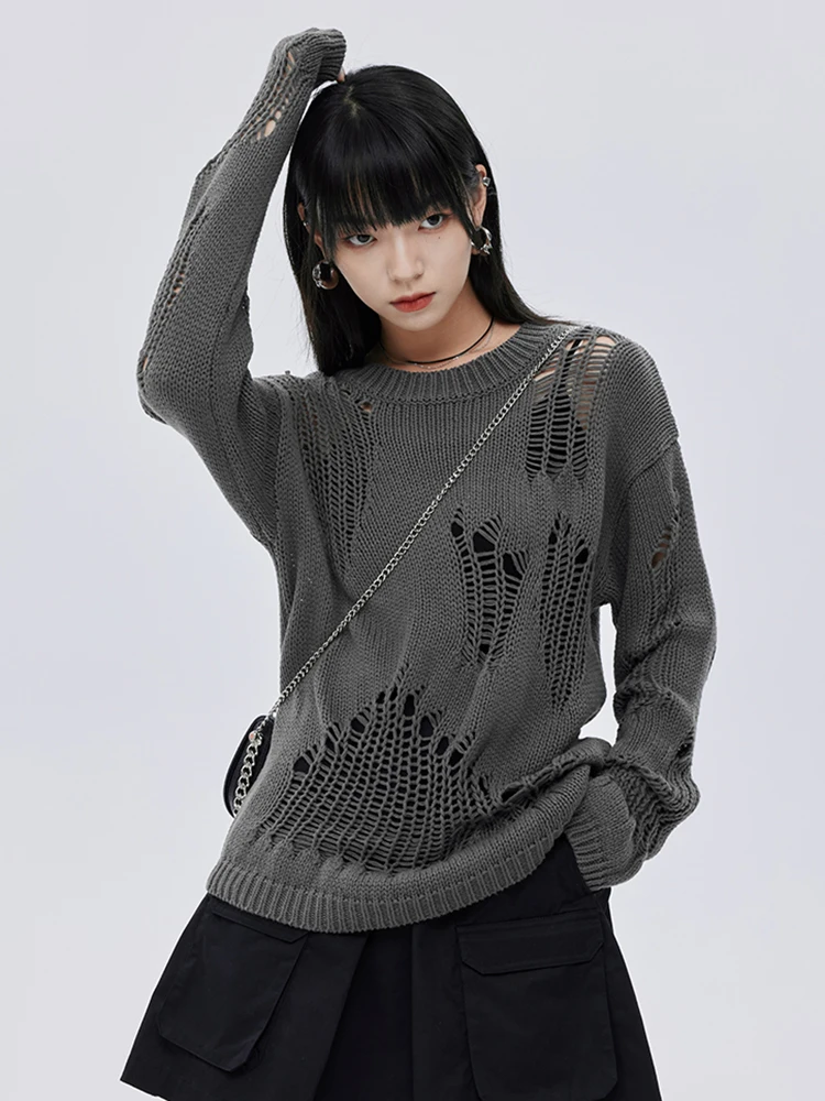 Jmprs Gothic Hole Y2K Sweaters Women Long Sleeve Loose Grey Knitted Pullovers Streetwear Harajuku Hollow Out Bf Vintage Jumpers