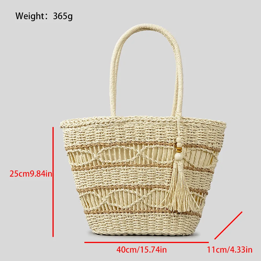 Casual Hollow Tassel Straw Basket Bag Rope Woven Women Handbags Bohemian Handmade Shoulder Bag Summer Beach Large Capacity Tote