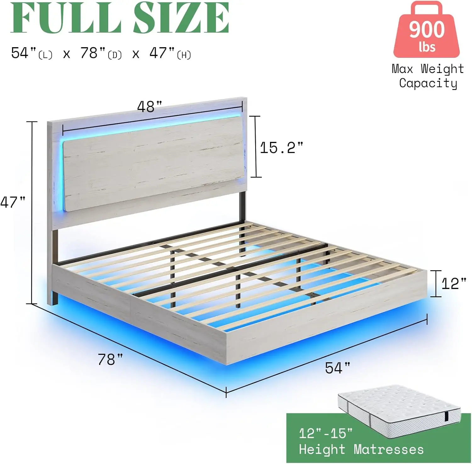 Full Bed Frame, Farmhouse Floating Bed Frame with Recline Headboard, Platform Bed w/ LED Light, No Box Spring Needed/Noise Free