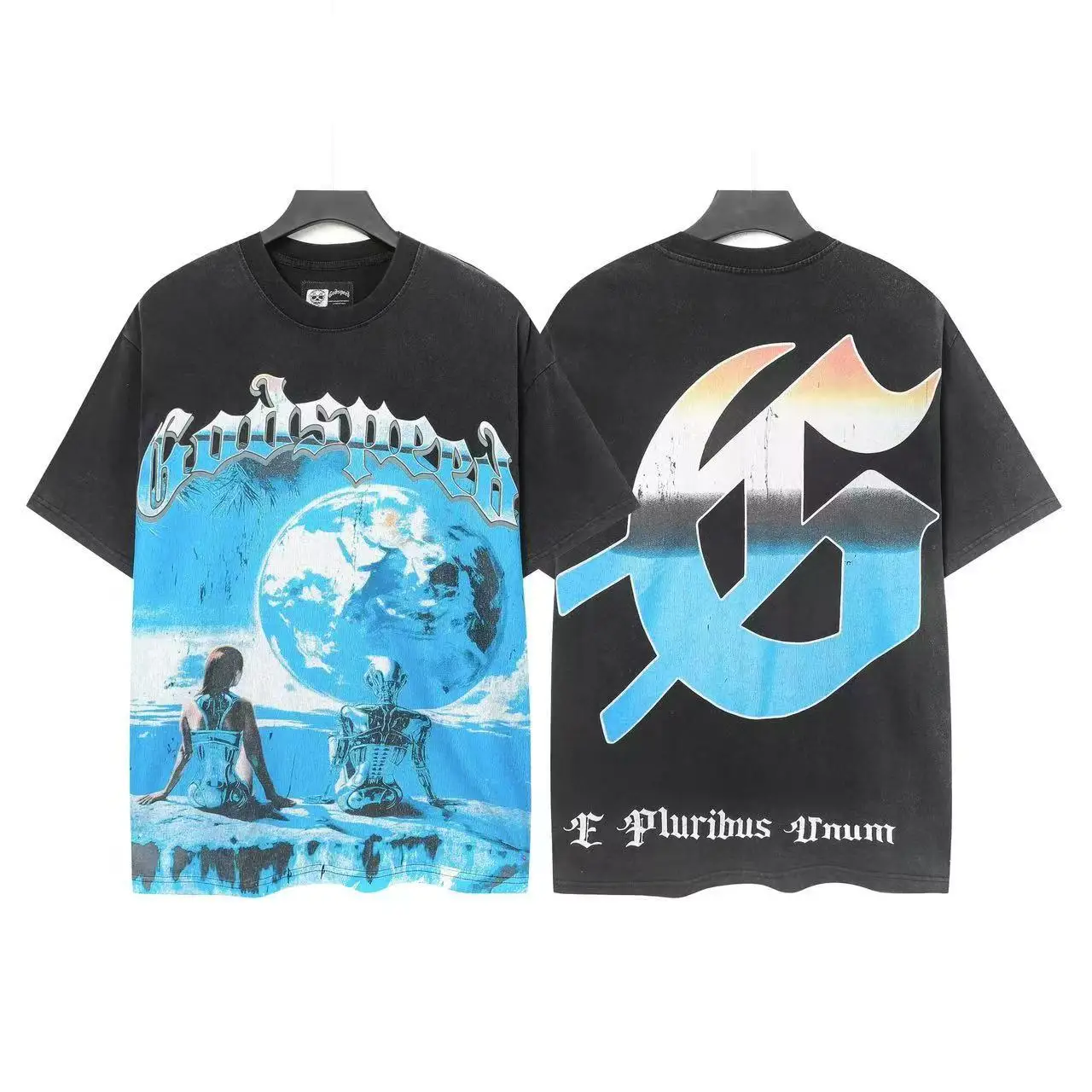 Godspeed Retro Washed Cotton T-Shirt Short Sleeve Loose Casual Street Style Moon under the Space Man High Street Vintage
