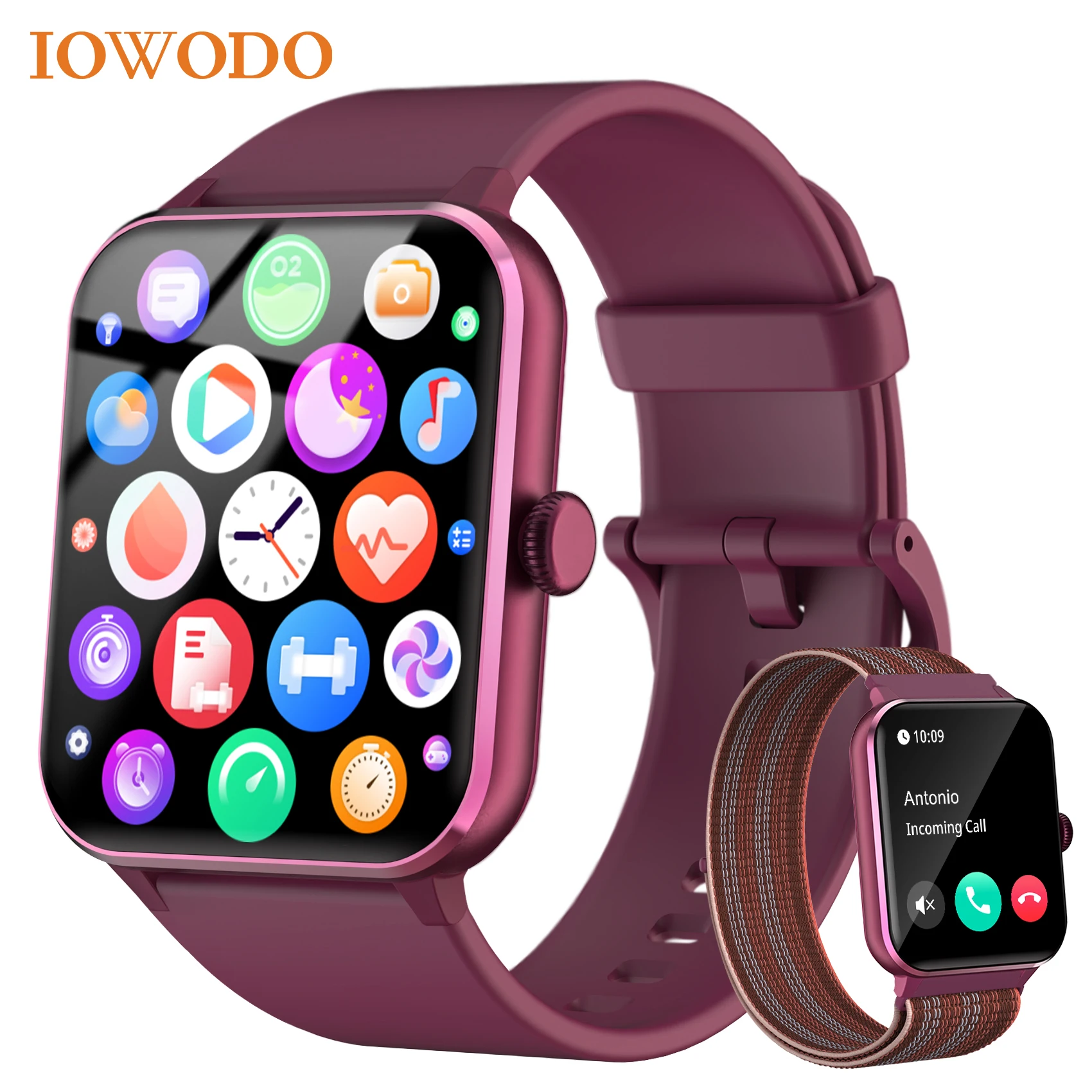 IOWODO 1.85” Full Touch HD Smartwatch Smart Watch Bluetooth Calling 100+ Sport Fitness Tracking Watch with Voice Assistant