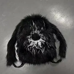 Unisex Black Fur Backpack Large Capacity Winter Fashion Backpacks Imitation Raccoon Print Plush Bag Frurry Hiphop School Bags