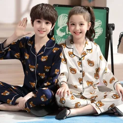 2pcs Boys Lounge Wear Button Down Long Sleeve Top & Elastic Waist Long Pants Bear Cartoon Pajamas