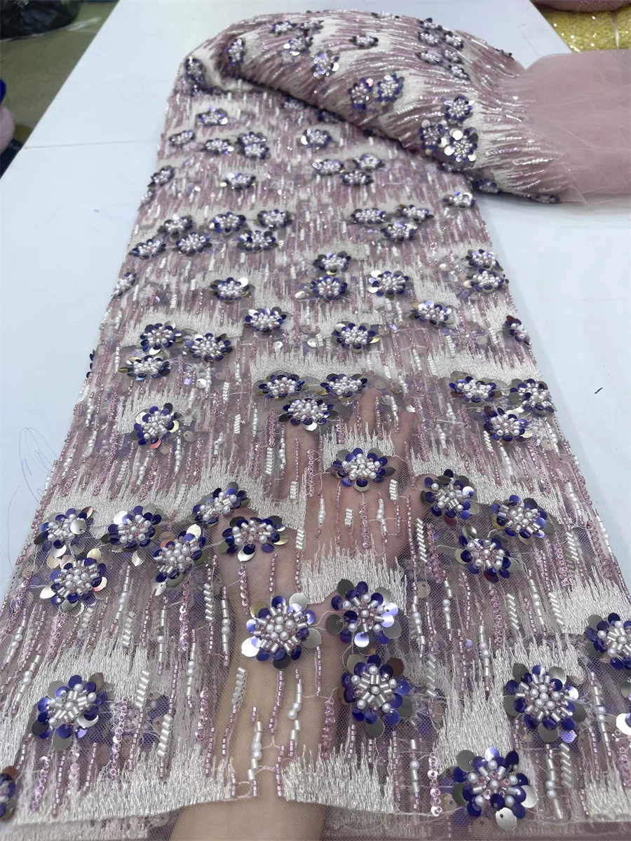 

High Quality Fashion African Sequins Tulle Embroidered Lace Fabric Beaded Sequins Lace Fabric for Nigerian Wedding Dress