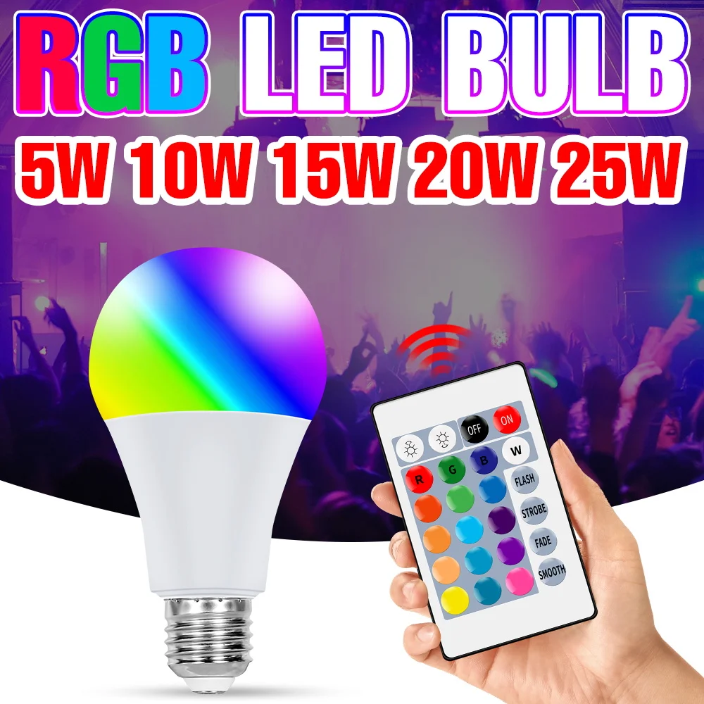 

Светодиодная лампа RGB 25 Вт, цоколь E27, умная лампа, 16 цветов, с пультом дистанционного управления, диммируемая, для люстры, 220 В, атмосферная подсветка, для фестивалей и карнавалов, 110 В
