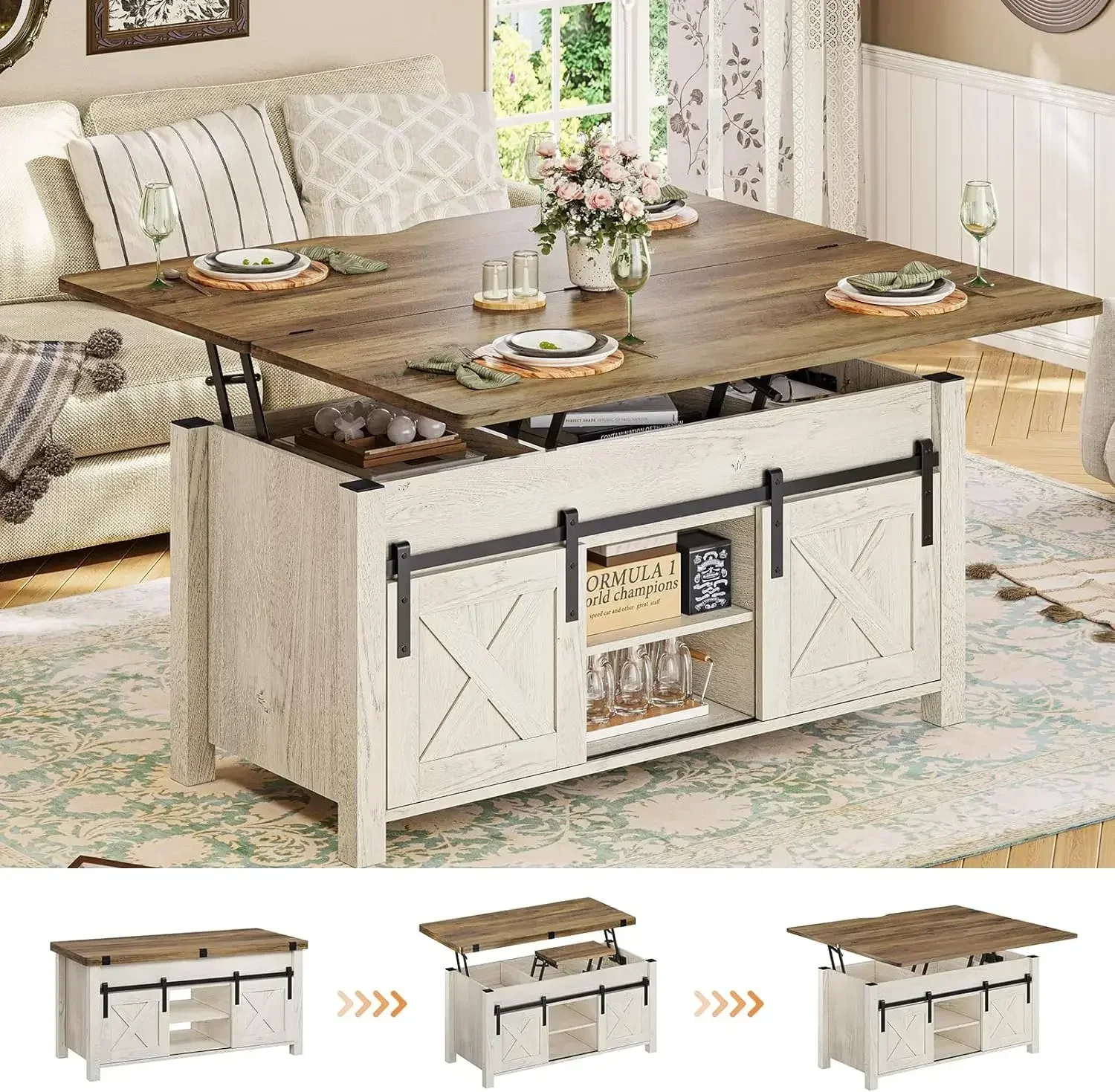 Lift Top Coffee Table 4 in 1 Multi-Function Convertible Coffee Tables with Storage and Hidden Compartment Farmhouse Coffee Table