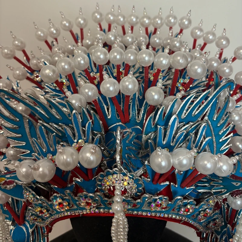 Disfraz tradicional chino de corona de Fénix, accesorio de actuación de escenario de ópera de Peking, sombreros de perlas con borlas