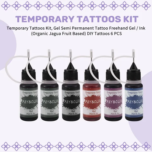 Kit de tatouages temporaires, Gel de tatouage semi-permanent/encre (à base de fruits de Jagua biologique), tatouages à faire soi-même, 6 pièces, offre spéciale