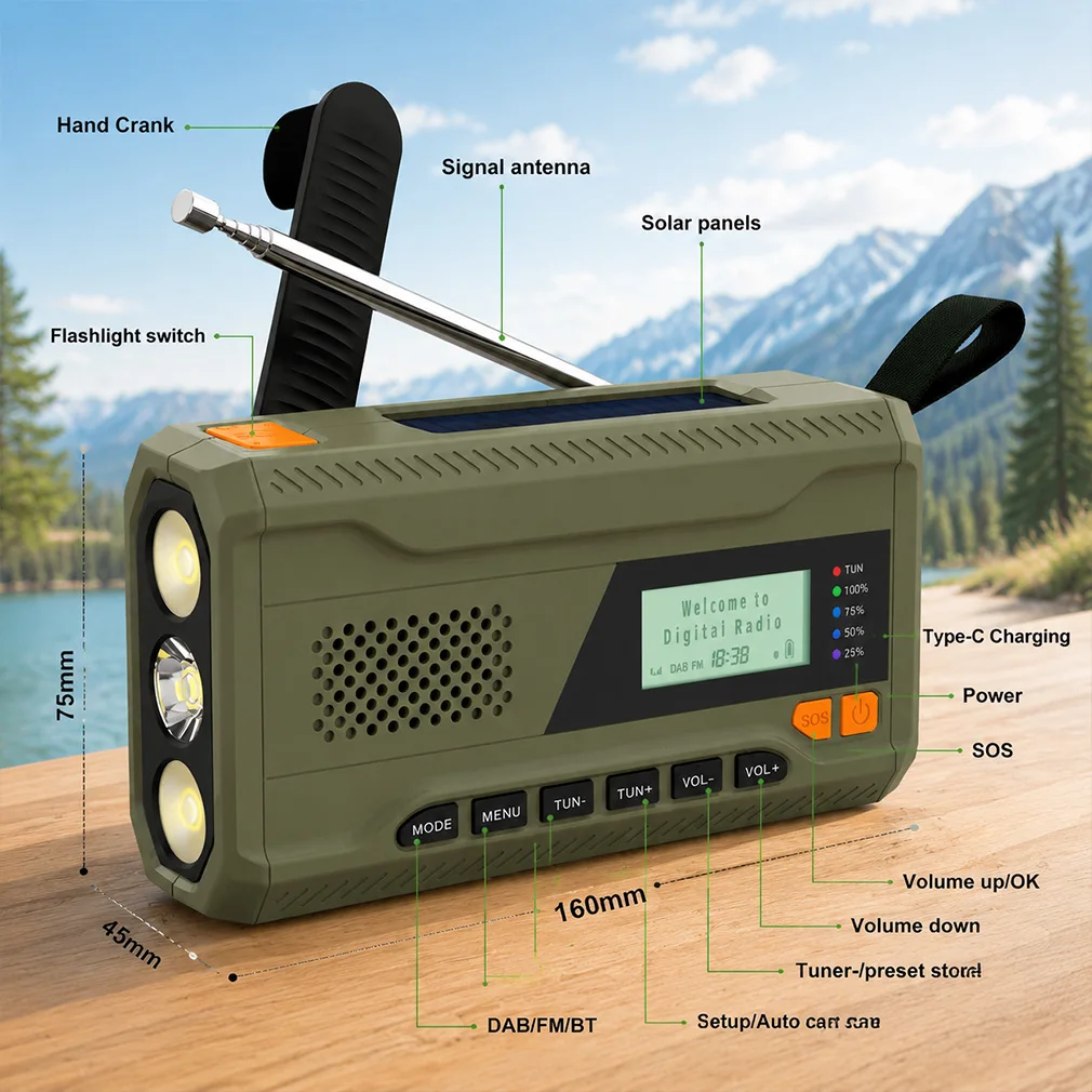 Portable Weather Radio DAB Emergency Radio Hand Crank Solar Radio FM Radio with Flashlight BT Speaker for Outdoor Camping