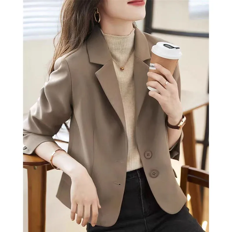 Ladies Versatile Long Sleeved Suit Outwear Spring Autumn Female Solid Color Short Lined Coat Women Leisure Short Blazers Jackets