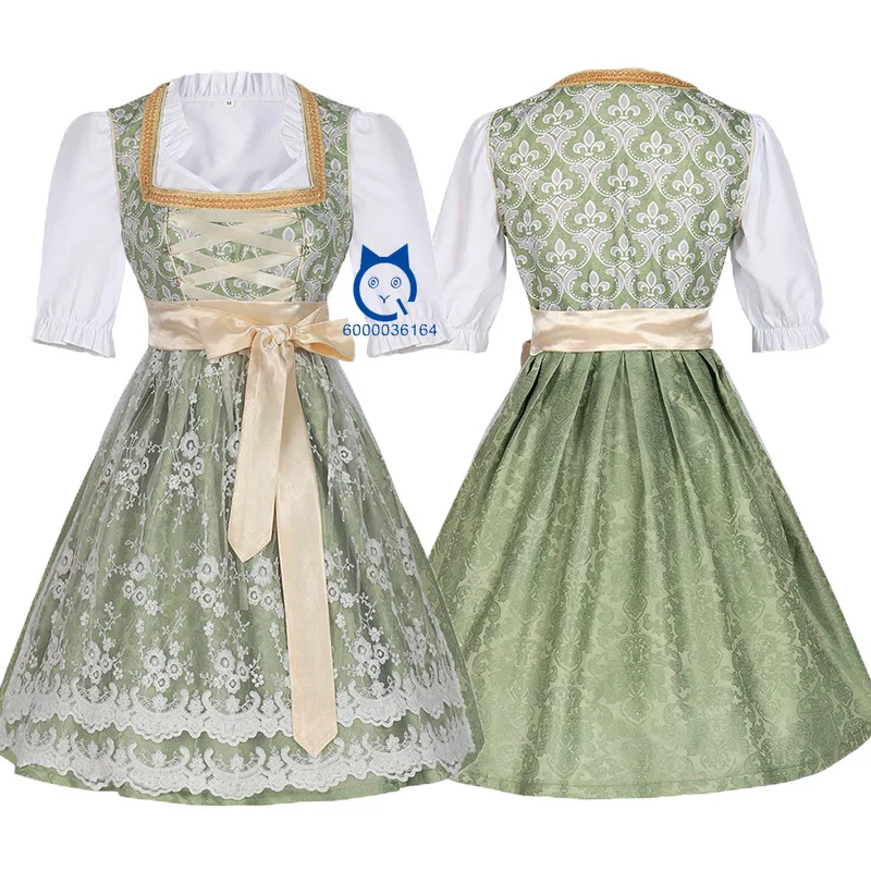 

High Quality Bavaria Oktoberfest Costume Dirndl Green Dark Pattern Dress Lace Apron German Beer Outfit Cosplay Halloween Party