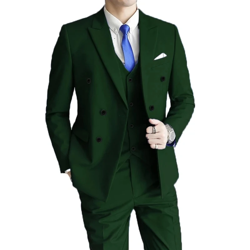 2023 Fashion New Men\'s Casual Business Double Breasted 3 Pcs Suit Set / Male Slim Solid Color Wedding Blazers Jacket Vest Pants