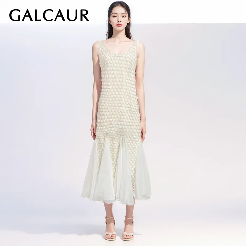 

GALCAUR Elegant Solid Long Dresses For Women Square Collar Straps Sleeveless High Waist Spliced Mesh A Line Dress Female New