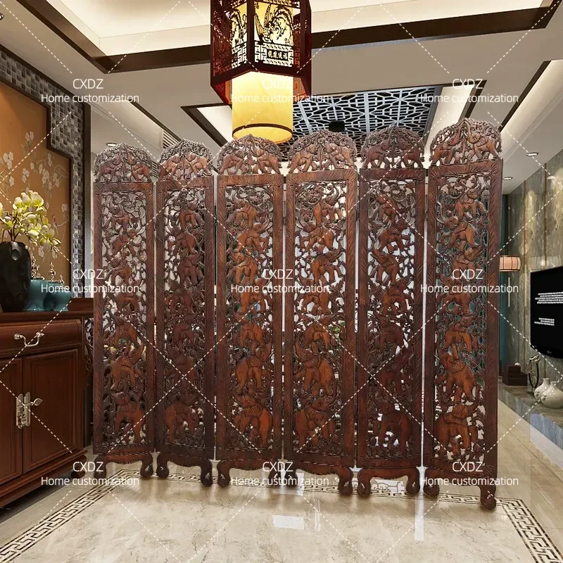 Solid Wood Elephant Carved Double Sided Screen Wood Carving Entrance Living Room Tea Room Decorative Partition