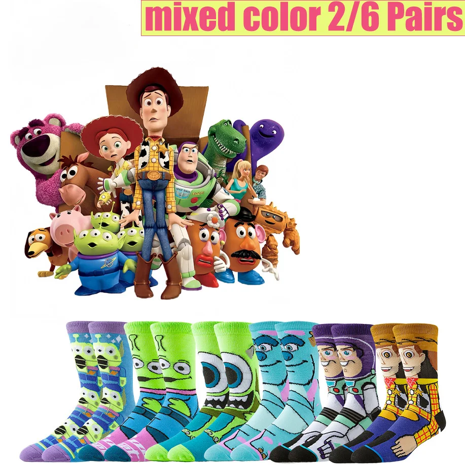 2/6 pares Disney Toy Story Aliens Woody Buzz Lightyear dibujos animados hombres y mujeres calcetines medios