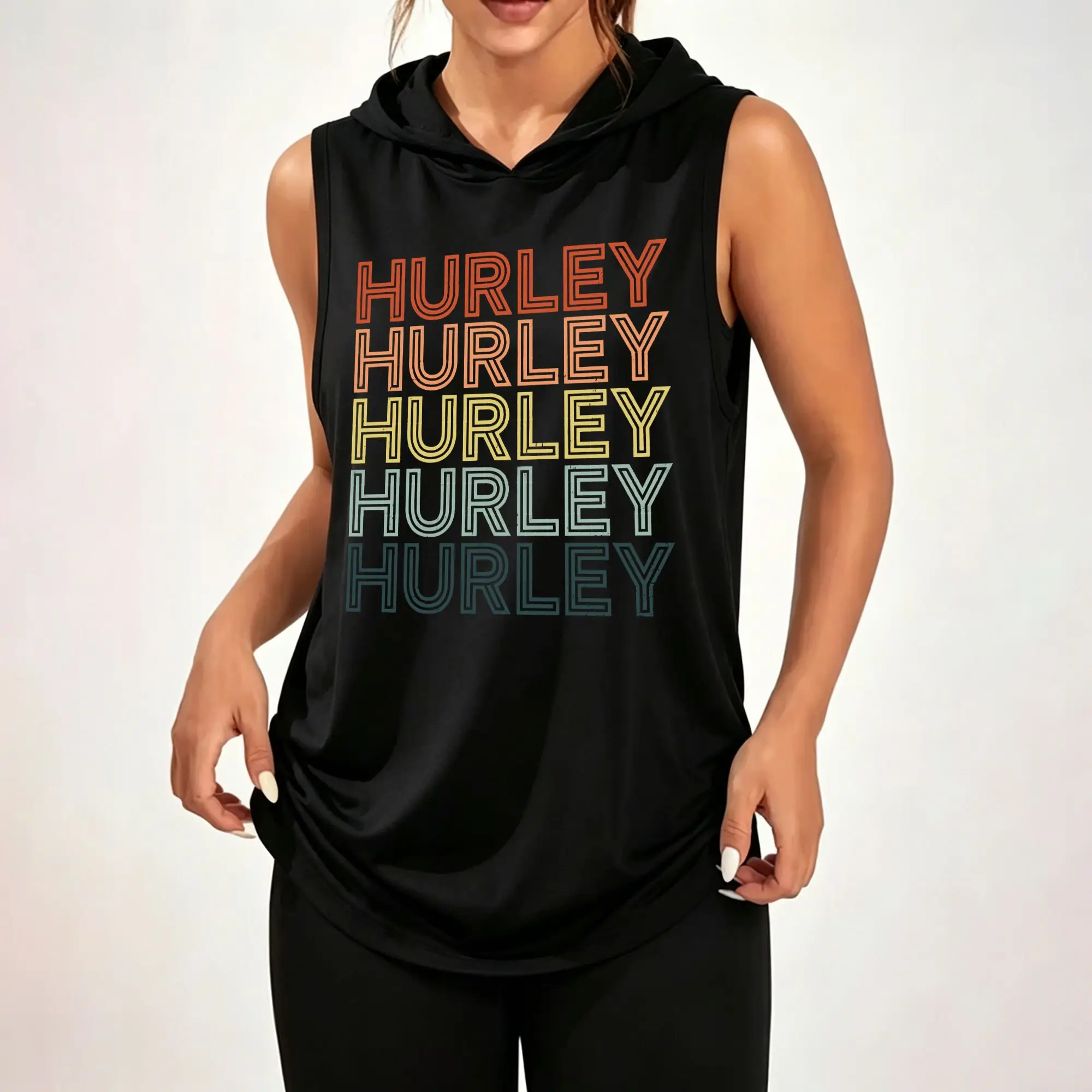 Women's Sleeveless Hoodie, Hurley Retro Stacked Multicolor Letter Graphic Print Casual Hooded Tank Top