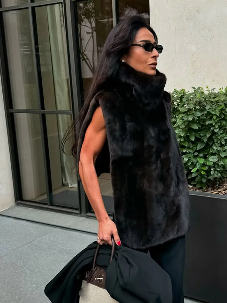 Women Fashion High Collar Fluffy Faux Fur Vest Elegant Solid Sleeveless Thick Cape Waistcoat New Ladies High Street Outwear 2025