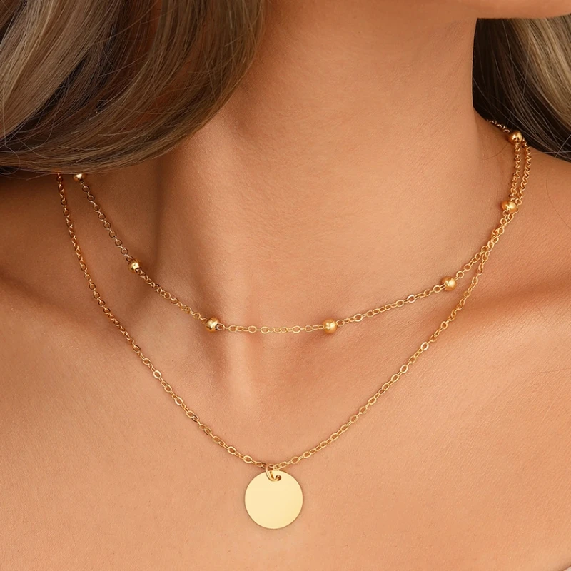 New European Women's Necklaces Double-layers Gold Color Short Chain Round Piece Pendants Clavicular Chain Fashion Jewelry colar